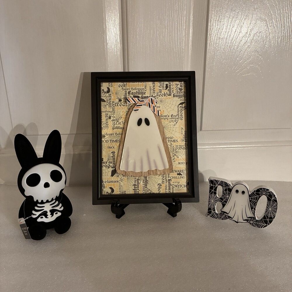 Halloween 4 Piece Set Ghost On Frame, Skeleton Bunny, BOO ghost & Easel.